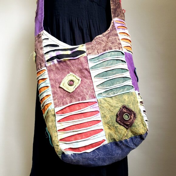 Bohemian Quilted Torn Look Razor Cut Hippie Crossbody Sling Purse Boho Handbag - Picture 1 of 7